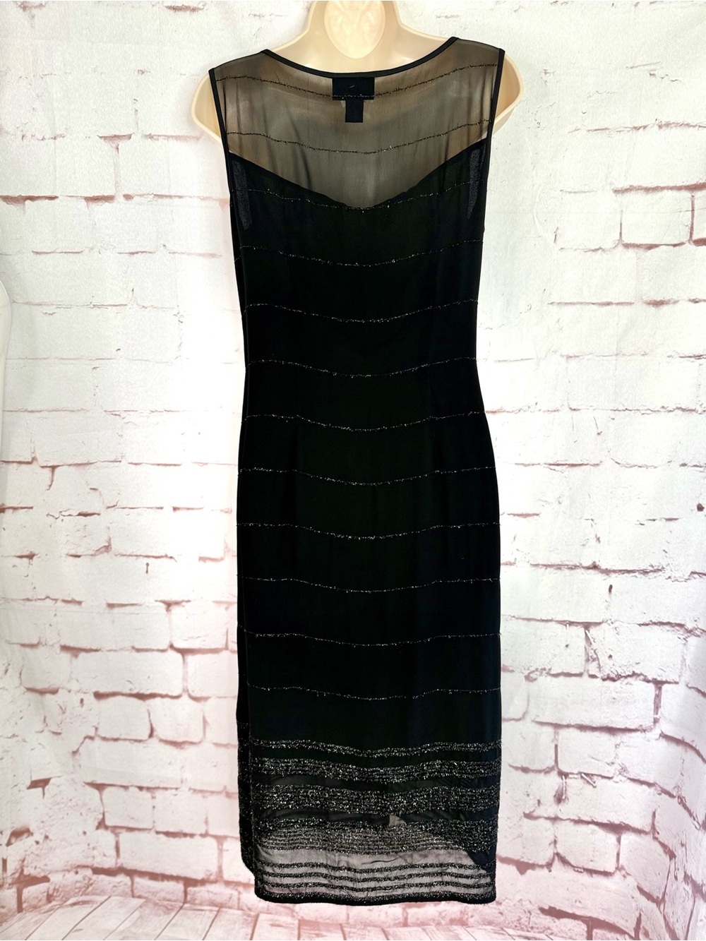 SIGRID OLSEN Black Sheath Sheer Overlay Metallic Thread 10 Cocktail Party Dress - Picture 4 of 14
